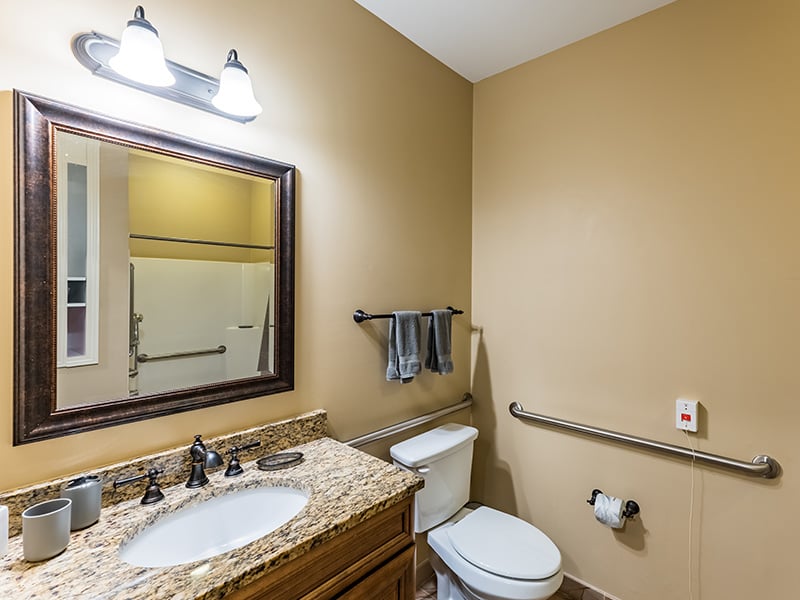 An accessible bathroom in a senior apartment at Cedarhurst of Canton, featuring safety rails and a roll-in shower