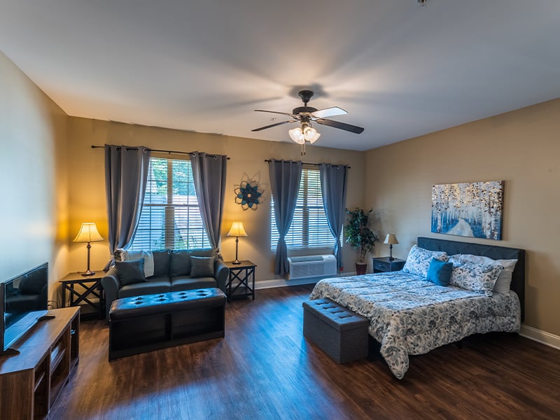 Living room of an apartment at Cedarhurst of Canton, featuring accessible layouts and senior-friendly features