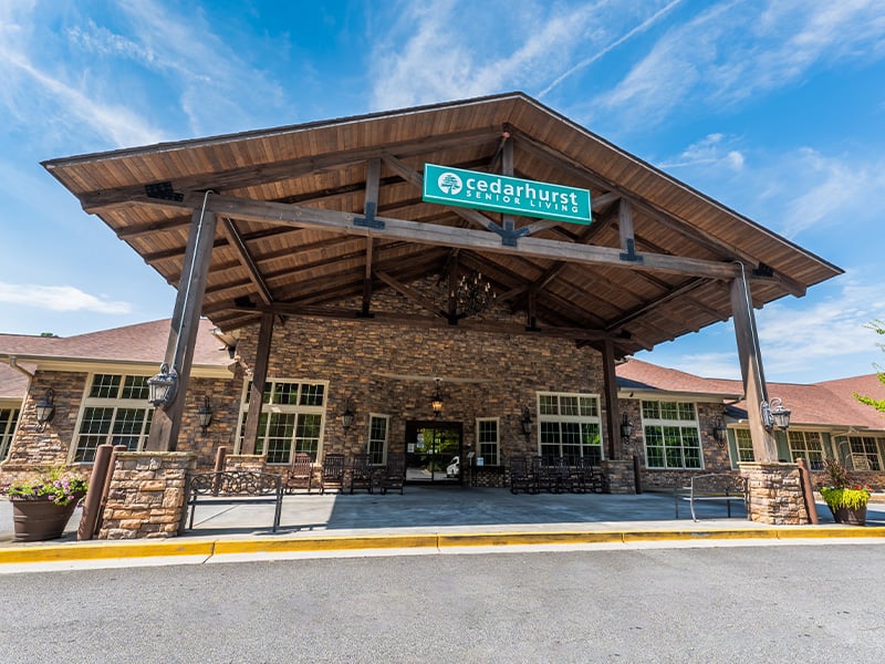 The welcoming front exterior of the Cedarhurst of Canton senior living community