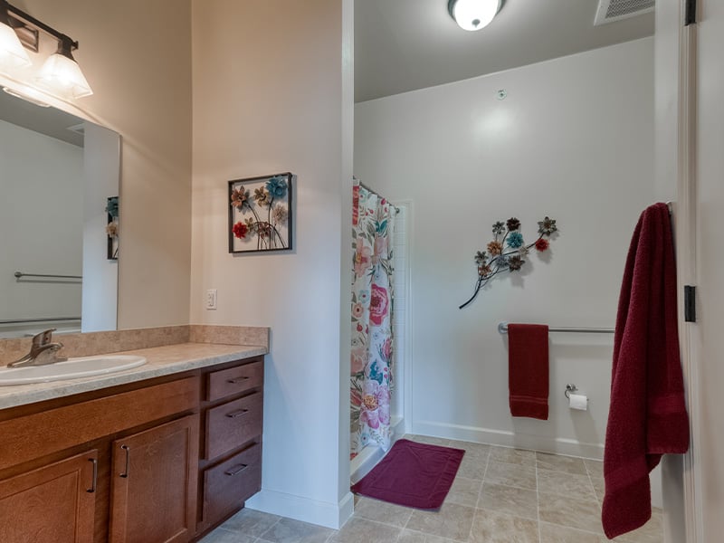 An accessible bathroom in a senior apartment at Cedarhurst of Columbia, featuring safety rails and a roll-in shower