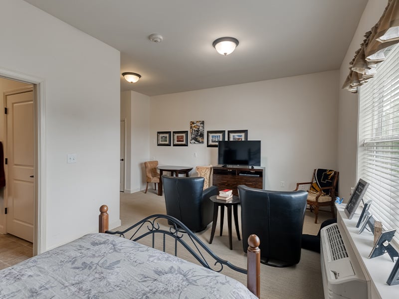An apartment living room featuring accessible layouts and senior-friendly features at Cedarhurst of Columbia