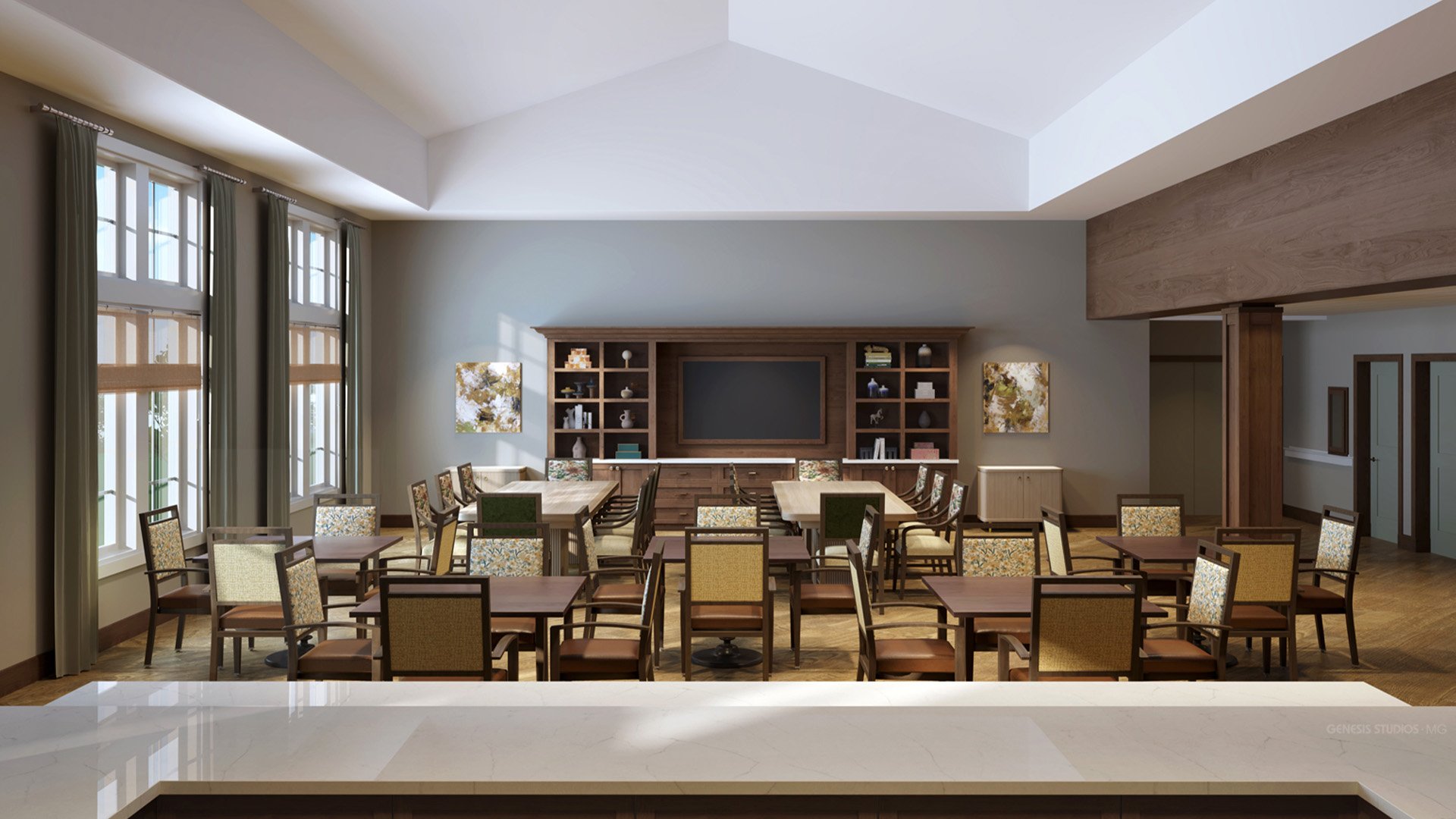 A bright and welcoming activity room at Cedarhurst of Crown Point, offering various opportunities for recreation