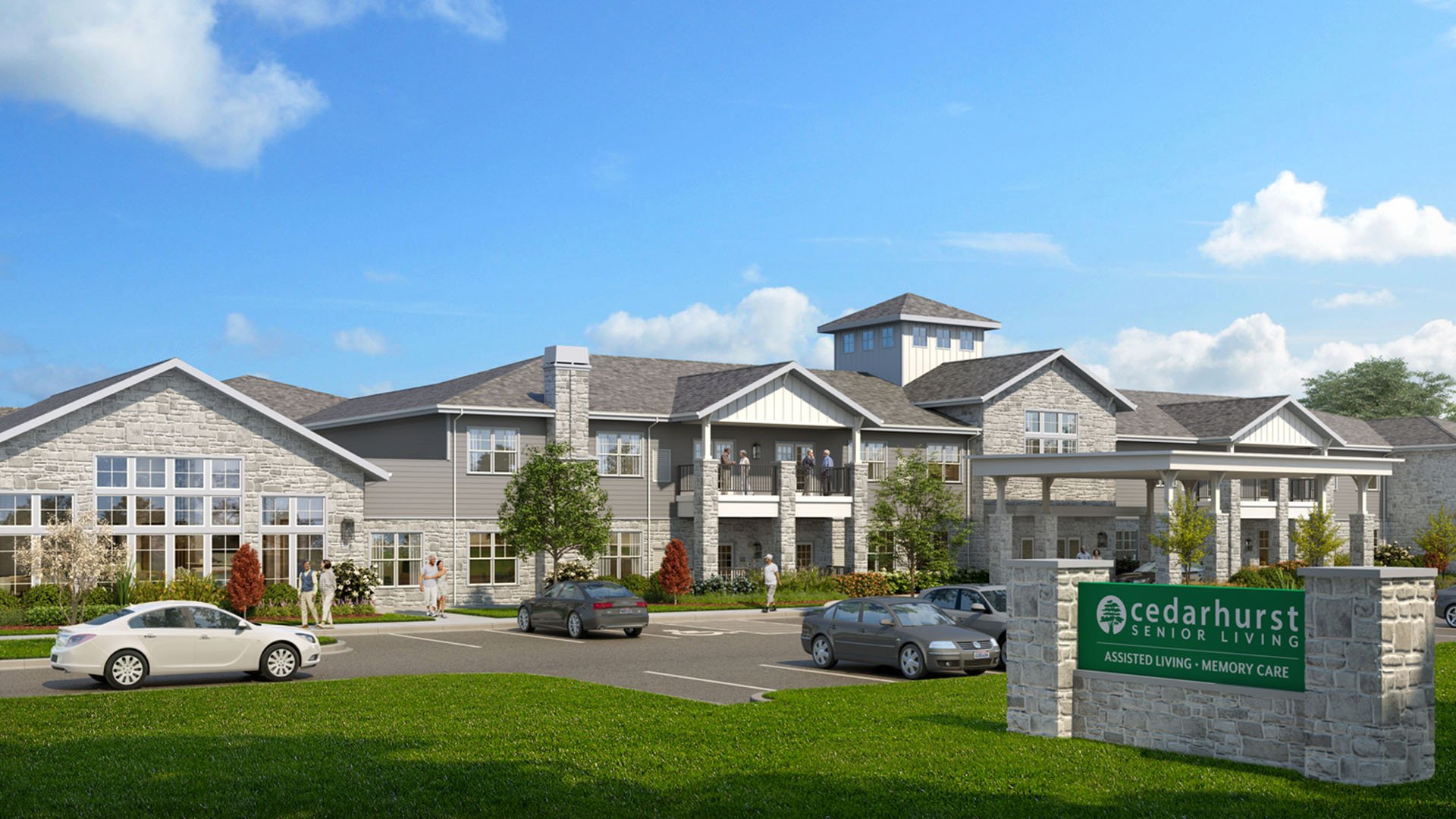 The welcoming front exterior of Cedarhurst of Crown Point senior living community