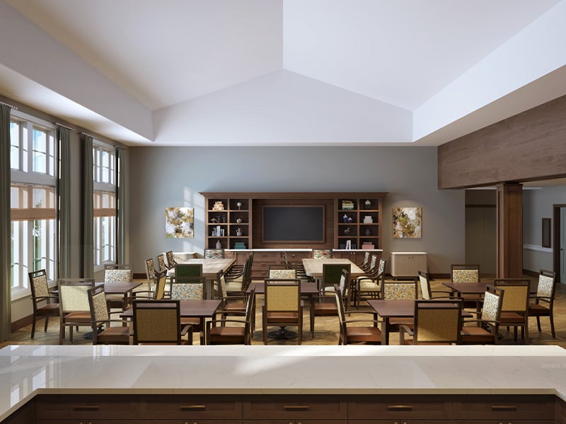 A bright and welcoming activity room at Cedarhurst of Crown Point, offering various opportunities for recreation