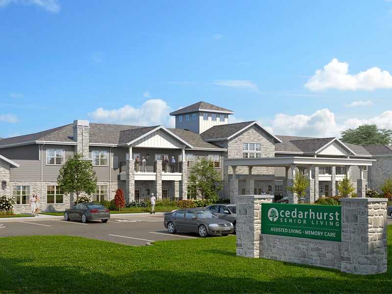 The welcoming front exterior of Cedarhurst of Crown Point senior living community