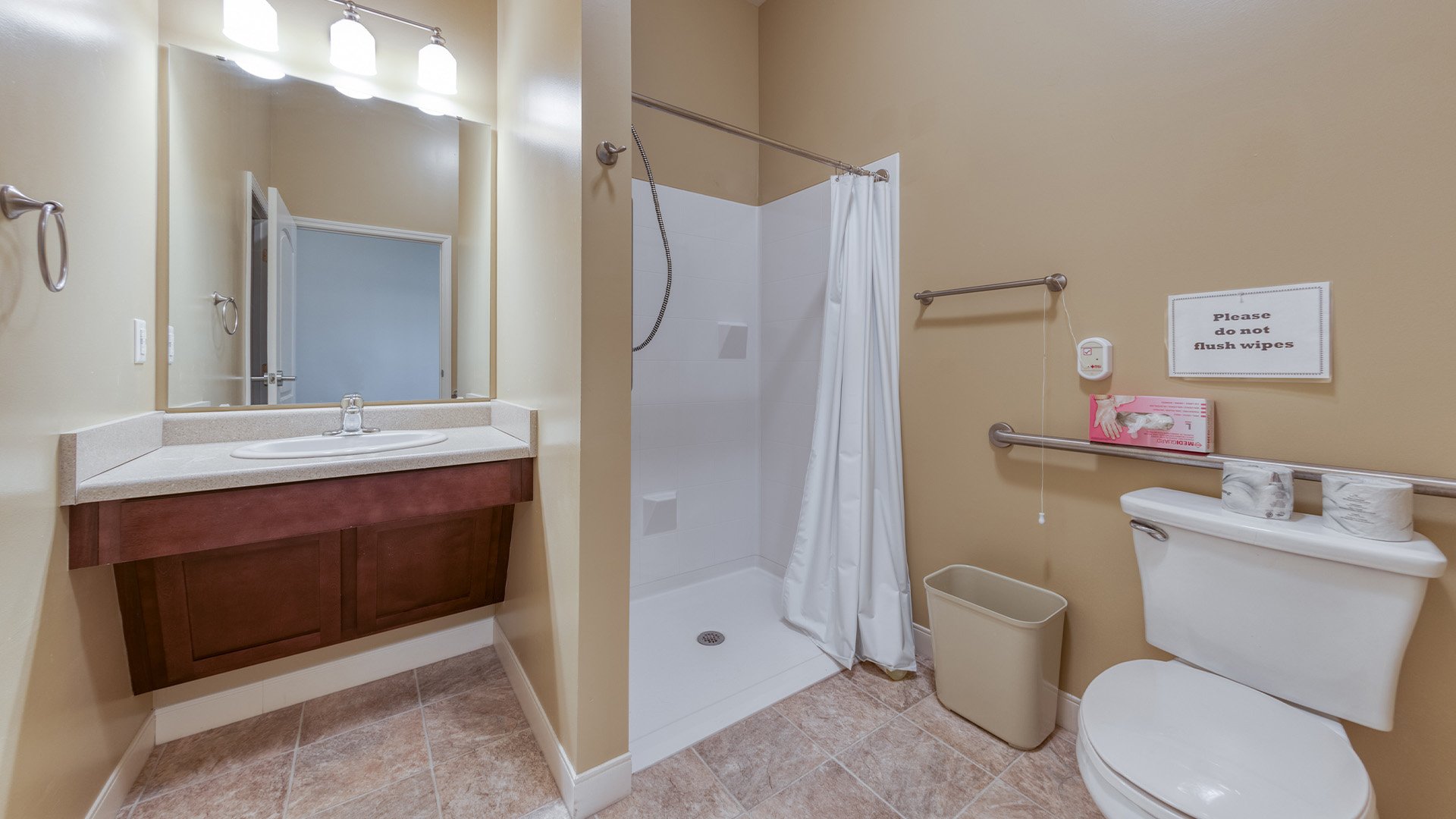 Bathroom of a senior apartment at Cedarhurst of Des Peres, built with accessibility features to support residents