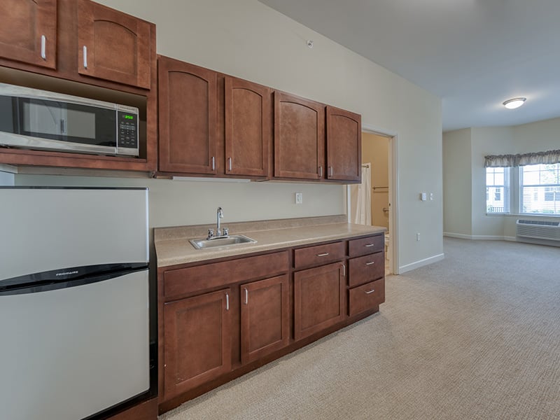 Senior-friendly apartment living room at Cedarhurst of Des Peres, offering comfortable and accessible design for residents
