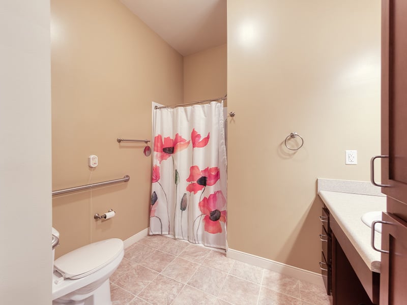 Bathroom of a senior apartment at Cedarhurst of Des Peres, built with accessibility features to support residents