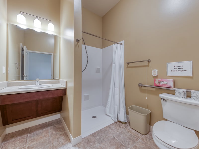 An accessible bathroom in a senior apartment at Cedarhurst of Des Peres, featuring safety rails and a roll-in shower