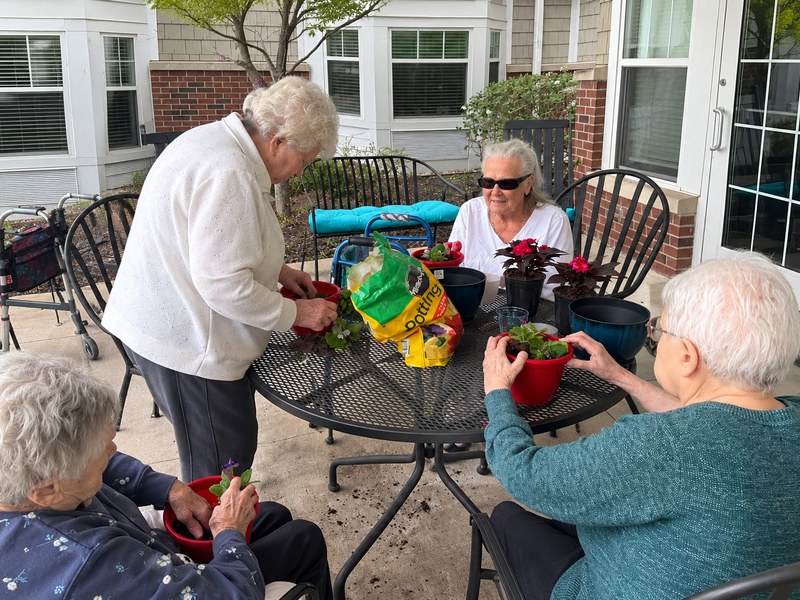 Assisted living residents potting flowers together during a garden club meeting on the patio.