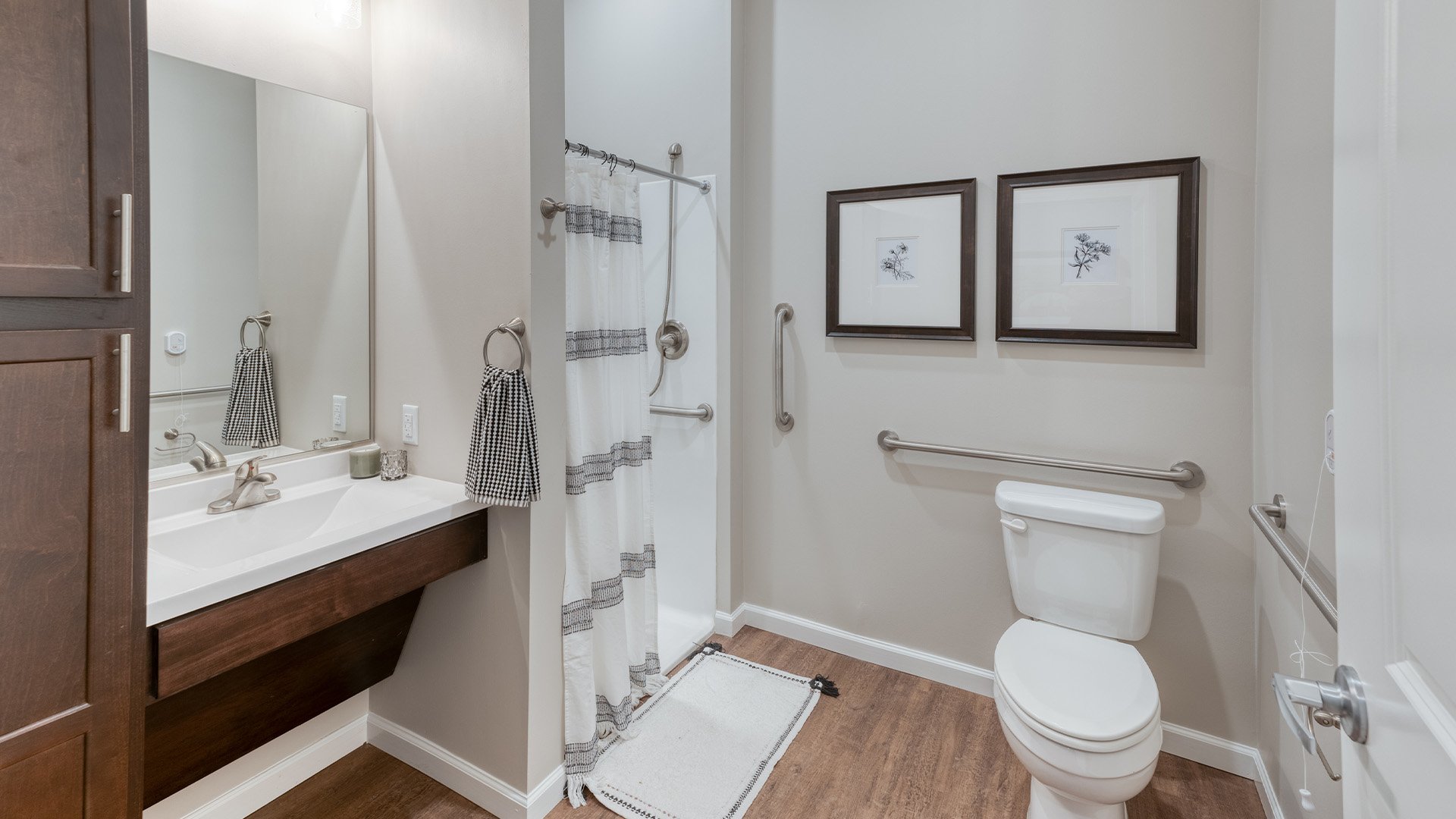 Bathroom of a senior apartment at Cedarhurst of Dyer, built with accessibility features to support residents