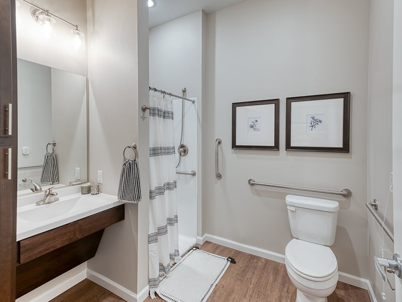 Bathroom of a senior apartment at Cedarhurst of Dyer, built with accessibility features to support residents