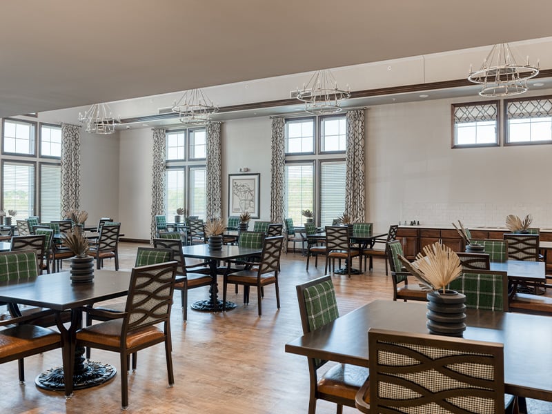A community dining room at Cedarhurst of Dyer, providing convenient all-day dining for residents