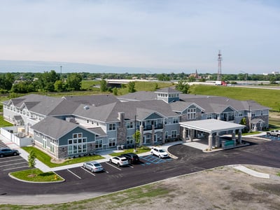 Overhead shot showing the entire Cedarhurst of Dyer building and some of its outdoor spaces