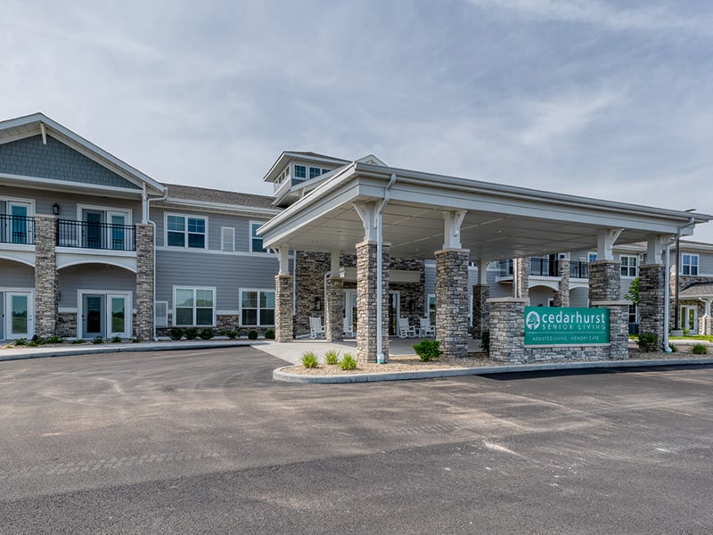 The welcoming front exterior of the Cedarhurst of Dyer senior living community