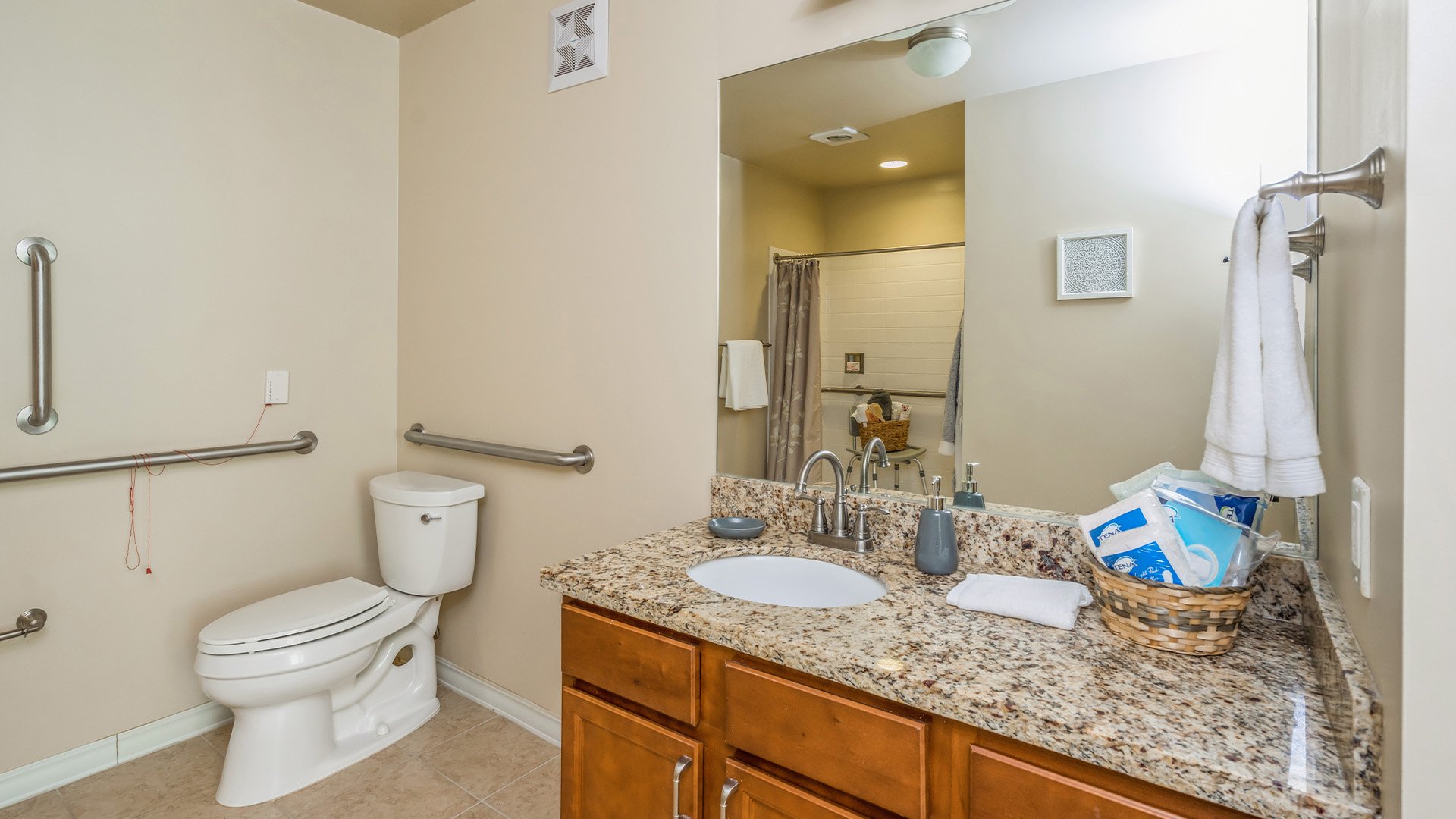 Bathroom of a senior apartment at Cedarhurst of East Louisville, built with accessibility features to support residents