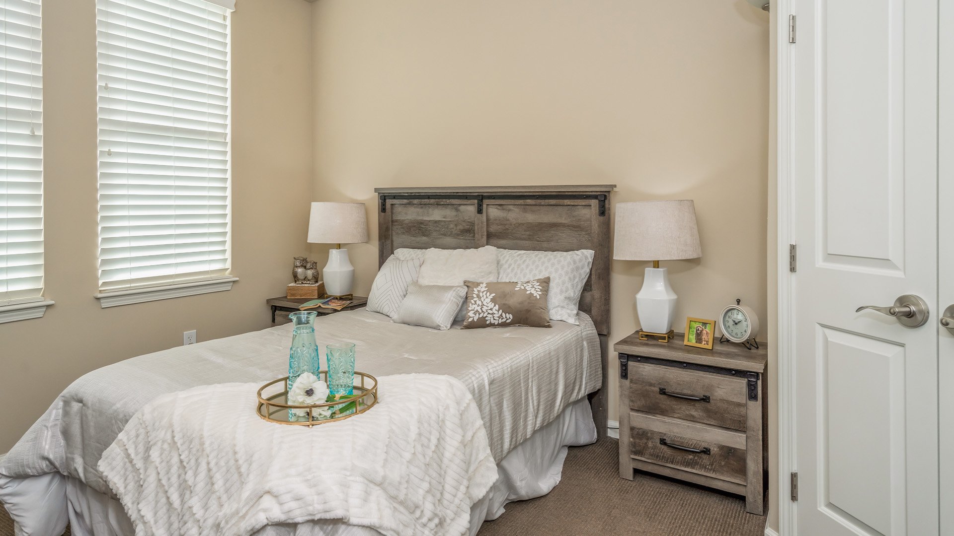 Bedroom of a senior apartment at Cedarhurst of East Louisville, designed for resident comfort and personalization