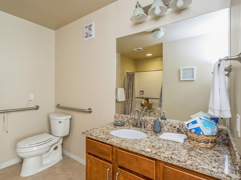 Bathroom of a senior apartment at Cedarhurst of East Louisville, built with accessibility features to support residents