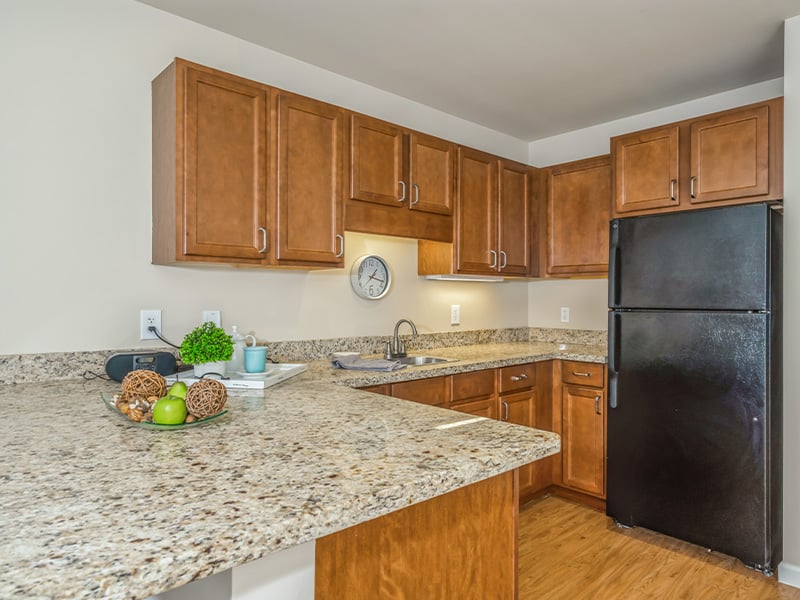 An accessible kitchenette in a senior apartment at Cedarhurst of East Louisville, designed for ease of use and independence
