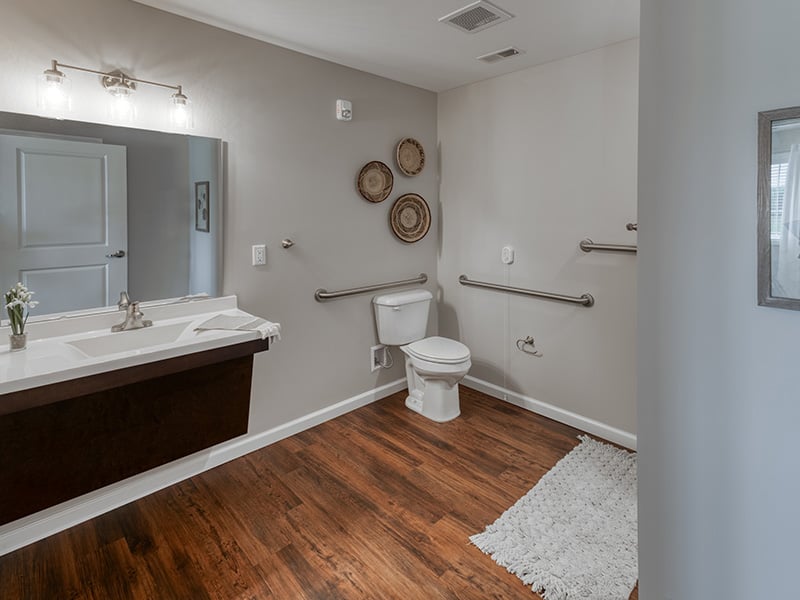 Bathroom of a senior apartment at Cedarhurst of Farmington, built with accessibility features to support residents