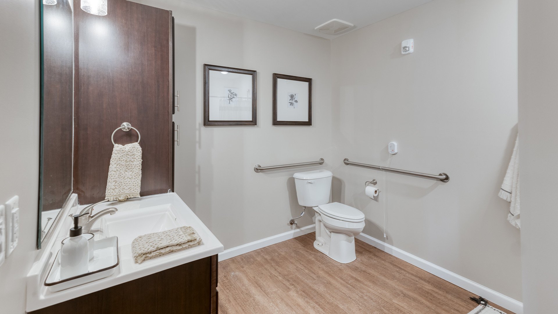 An accessible bathroom in a senior apartment at Cedarhurst of Fort Wayne, featuring safety rails and a roll-in shower
