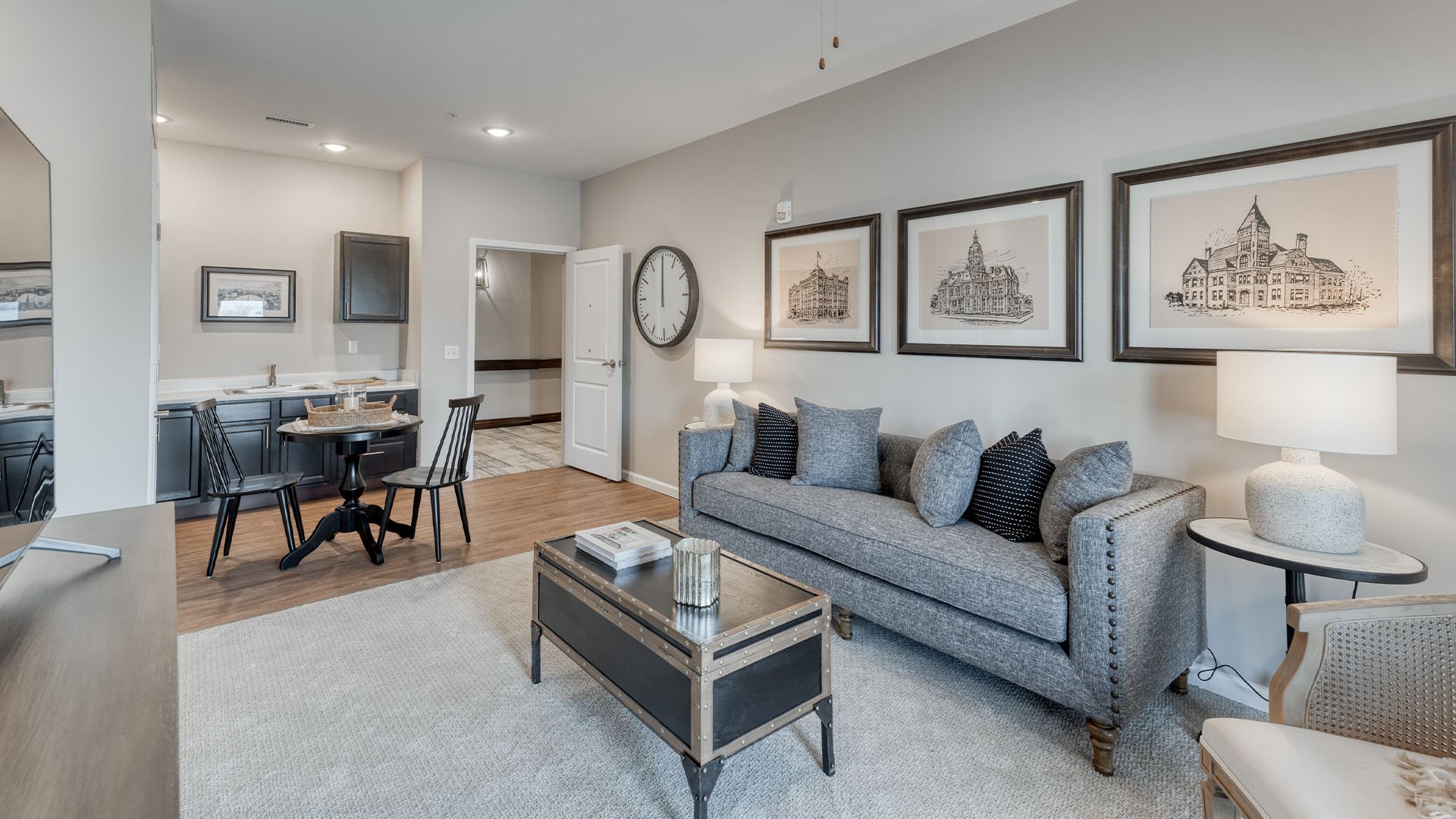 Senior-friendly apartment living room at Cedarhurst of Fort Wayne, offering comfortable and accessible design for residents