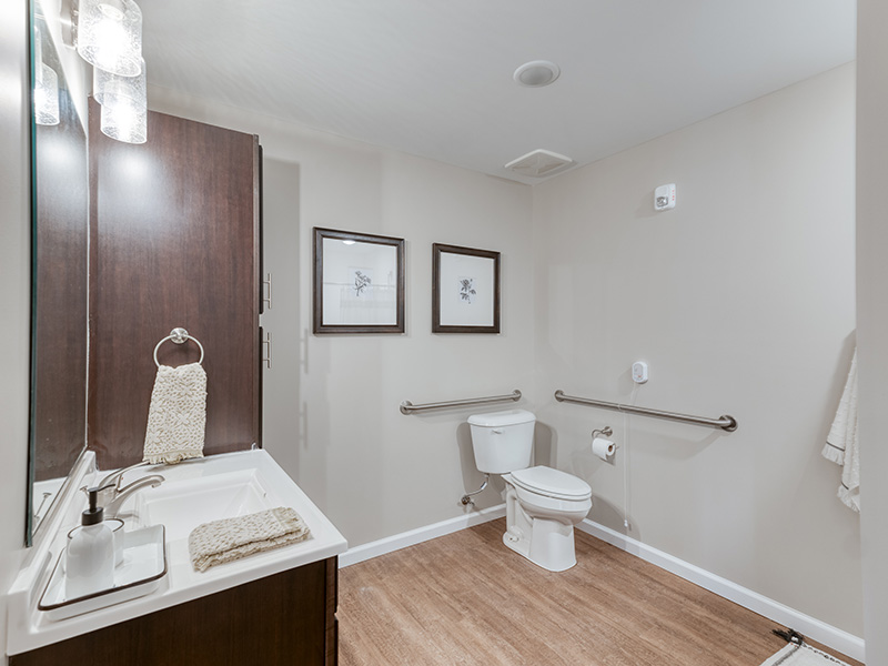 An accessible bathroom in a senior apartment at Cedarhurst of Fort Wayne, featuring safety rails and a roll-in shower