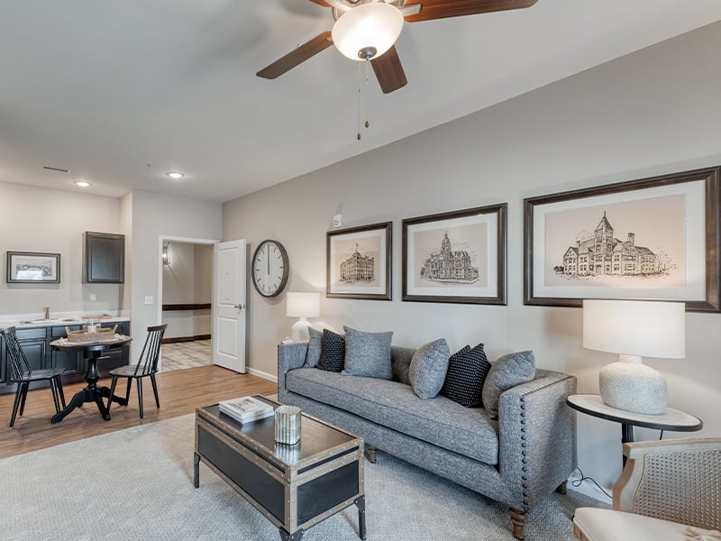 Senior-friendly apartment living room at Cedarhurst of Fort Wayne, offering comfortable and accessible design for residents.