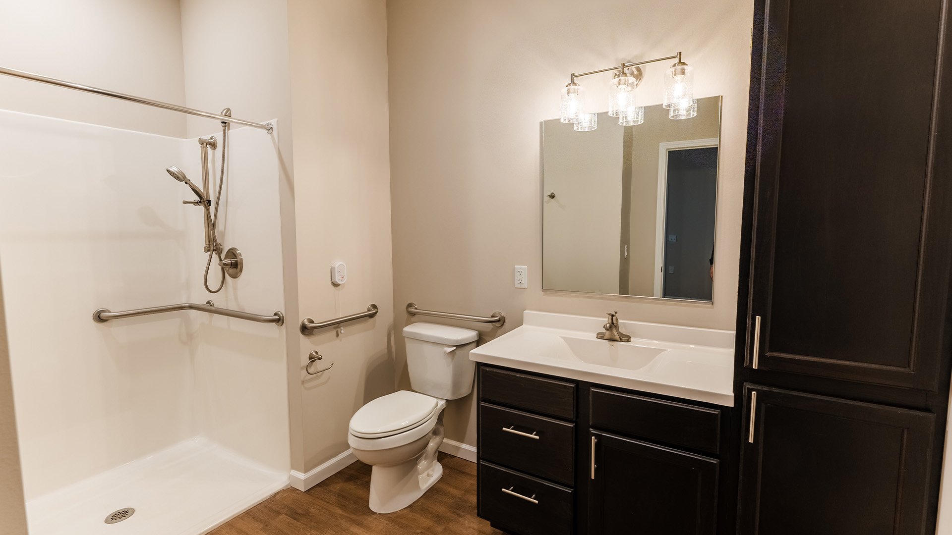 Bathroom of a senior apartment at Cedarhurst of Frankfort, built with accessibility features to support residents.