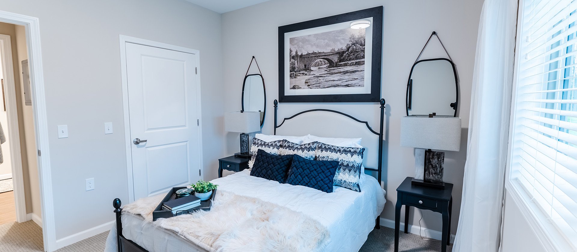 Bedroom of a senior apartment at Cedarhurst of Frankfort, designed for resident comfort and personalization