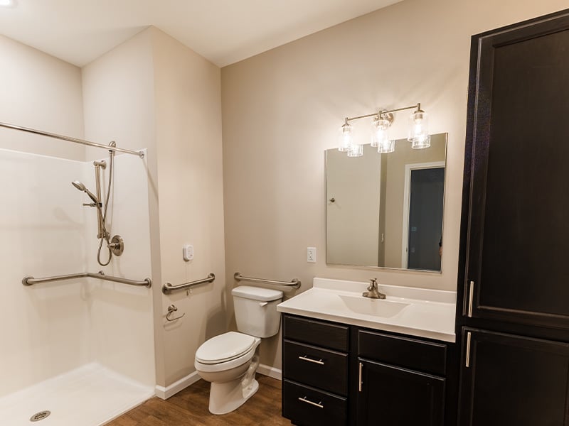 Bathroom of a senior apartment at Cedarhurst of Frankfort, built with accessibility features to support residents