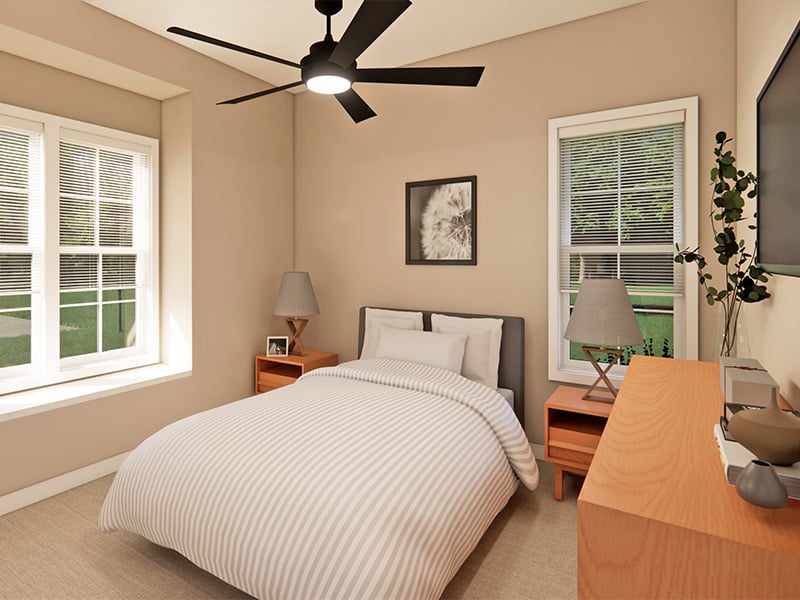 Bright and spacious bedroom in Cedarhurst of Frankfort's Independent Living at Cedarhurst Cottages, featuring walk-in closet
