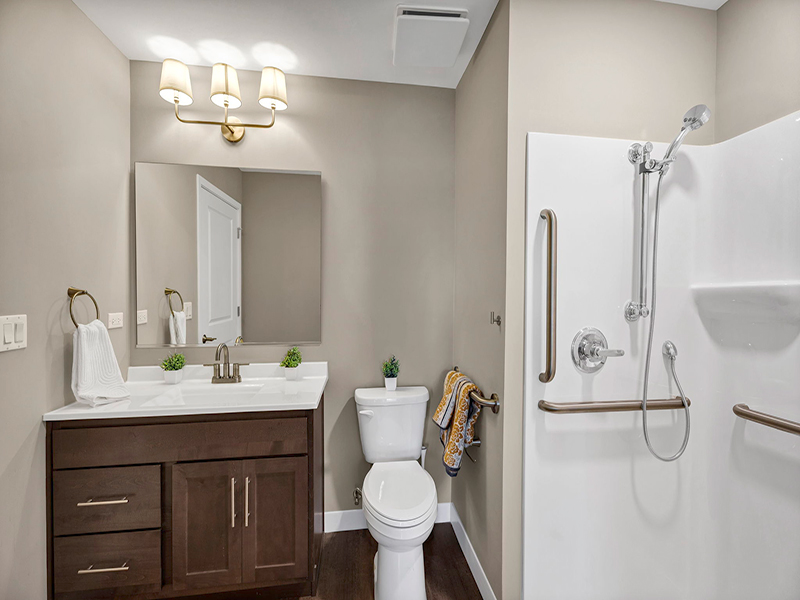 Bathroom at Cedarhurst of Frankfort's Independent Living at Cedarhurst Cottages, featuring walk-in shower with grab bars
