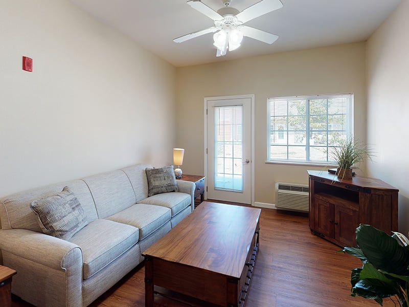 Senior-friendly apartment living room at Cedarhurst of Highland, offering comfortable and accessible design for residents
