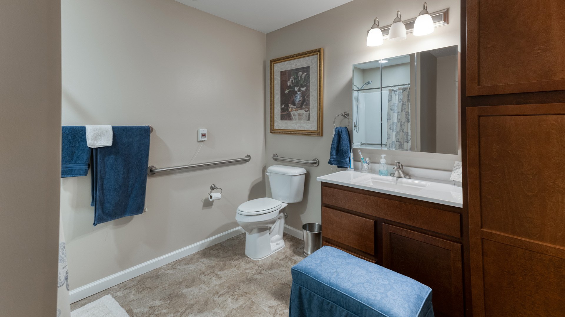 Bathroom of a senior apartment at Cedarhurst of Jacksonville, built with accessibility features to support residents