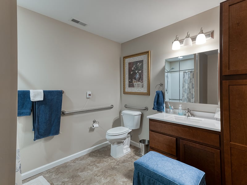 Bathroom of a senior apartment at Cedarhurst of Jacksonville, built with accessibility features to support residents