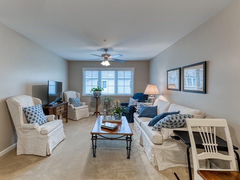 Senior-friendly apartment living room at Cedarhurst of Jacksonville, offering comfortable and accessible design for residents