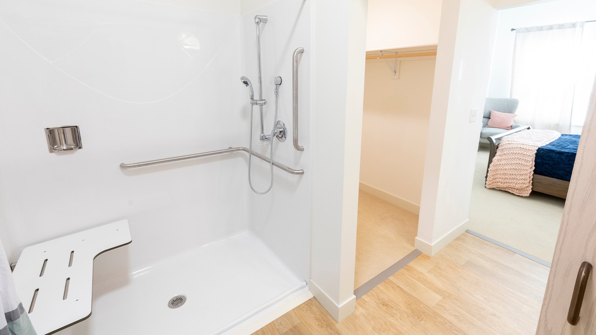 Bathroom of a senior apartment at Cedarhurst of La Vista, built with accessibility features to support residents