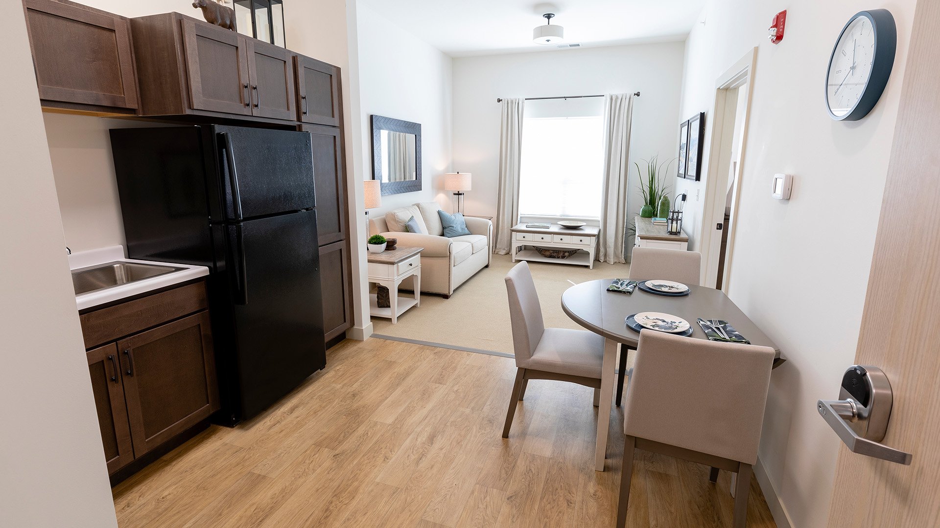 An accessible kitchenette in a senior apartment at Cedarhurst of La Vista, designed for ease of use and independence
