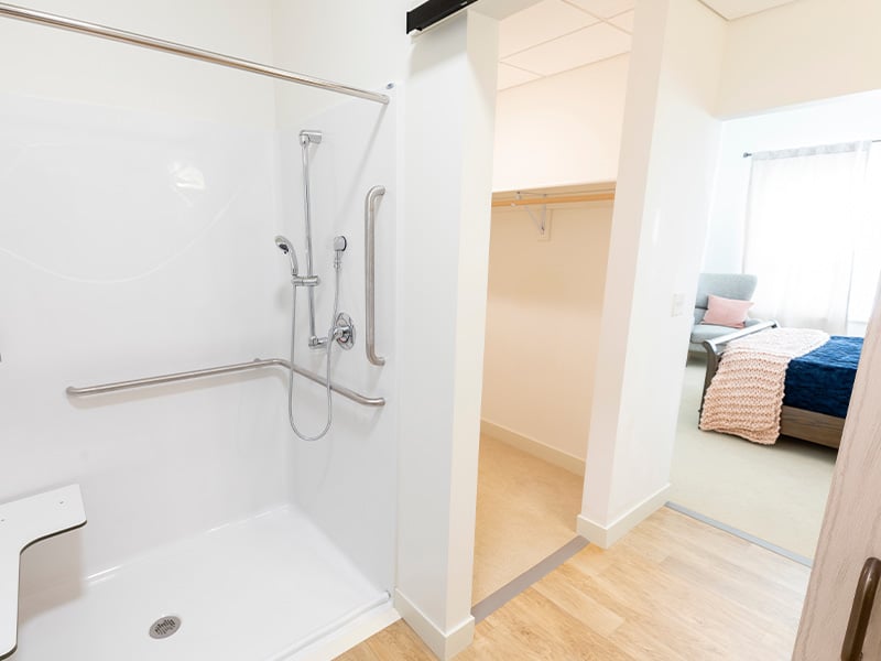 Bathroom of a senior apartment at Cedarhurst of La Vista, built with accessibility features to support residents