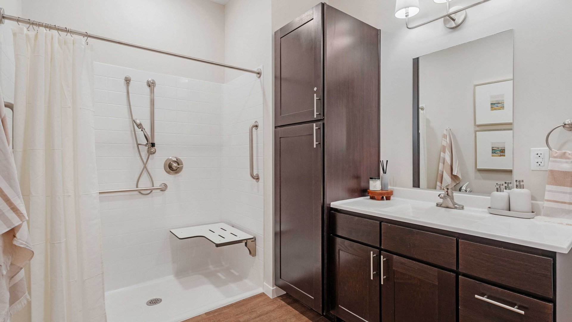 Bathroom of a senior apartment at Cedarhurst of Lawrence, built with accessibility features to support residents.