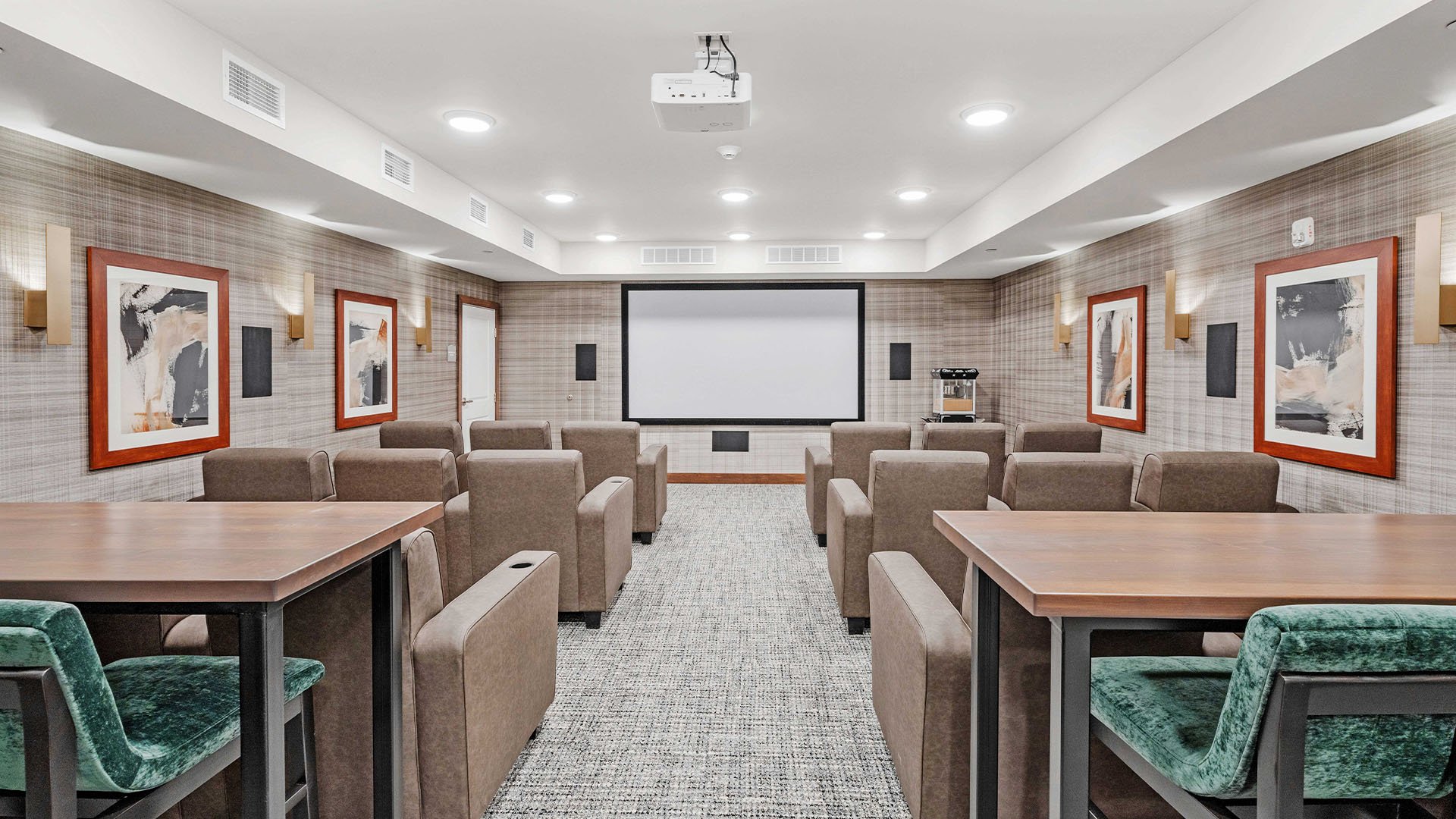 The comfortable and accessible movie theater at Cedarhurst of Lawrence, providing easy-to-access entertainment for residents.