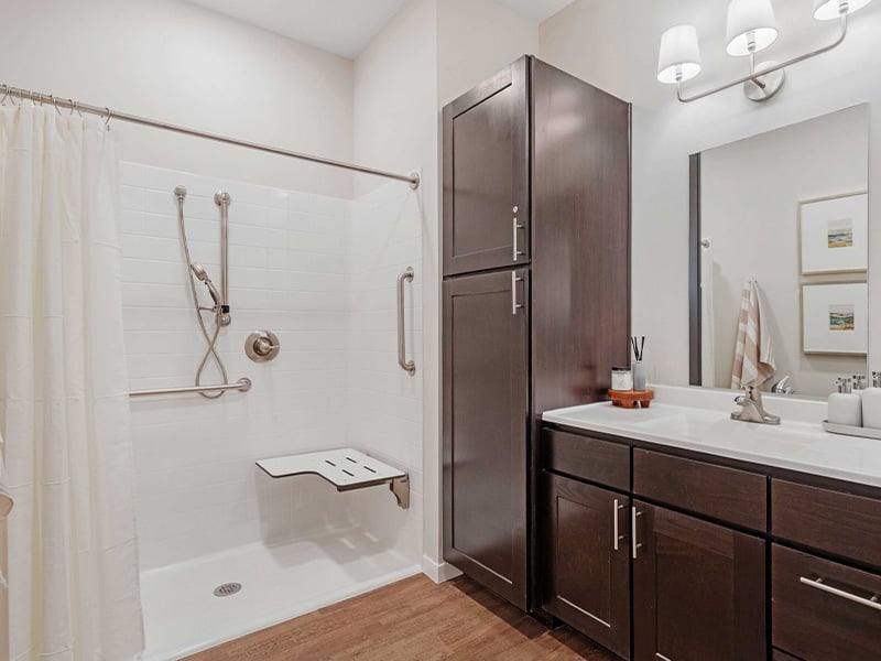 Bathroom of a senior apartment at Cedarhurst of Lawrence, built with accessibility features to support residents