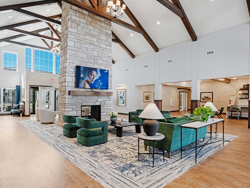 The main lobby at Cedarhurst of Lawrence, offering a warm first impression to the senior living community