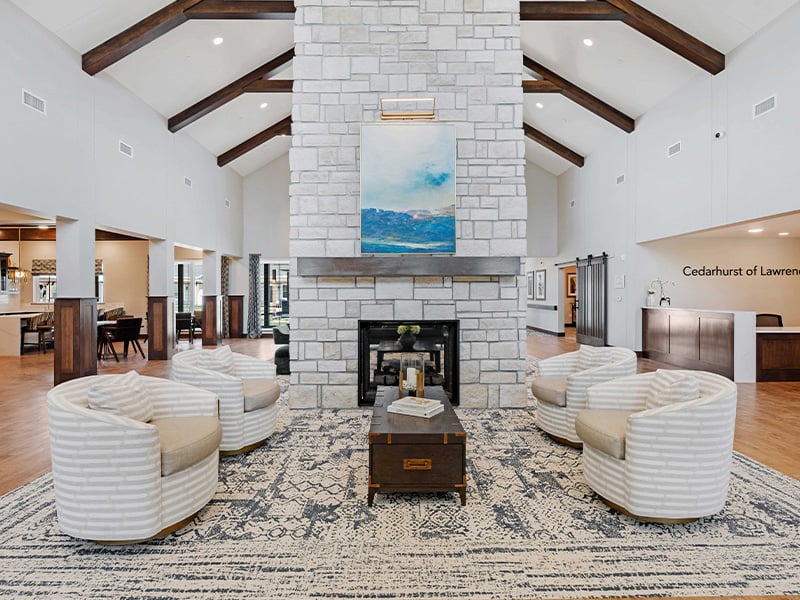 The bright and accessible main lobby at Cedarhurst of Lawrence, offering a warm first impression to the senior living community