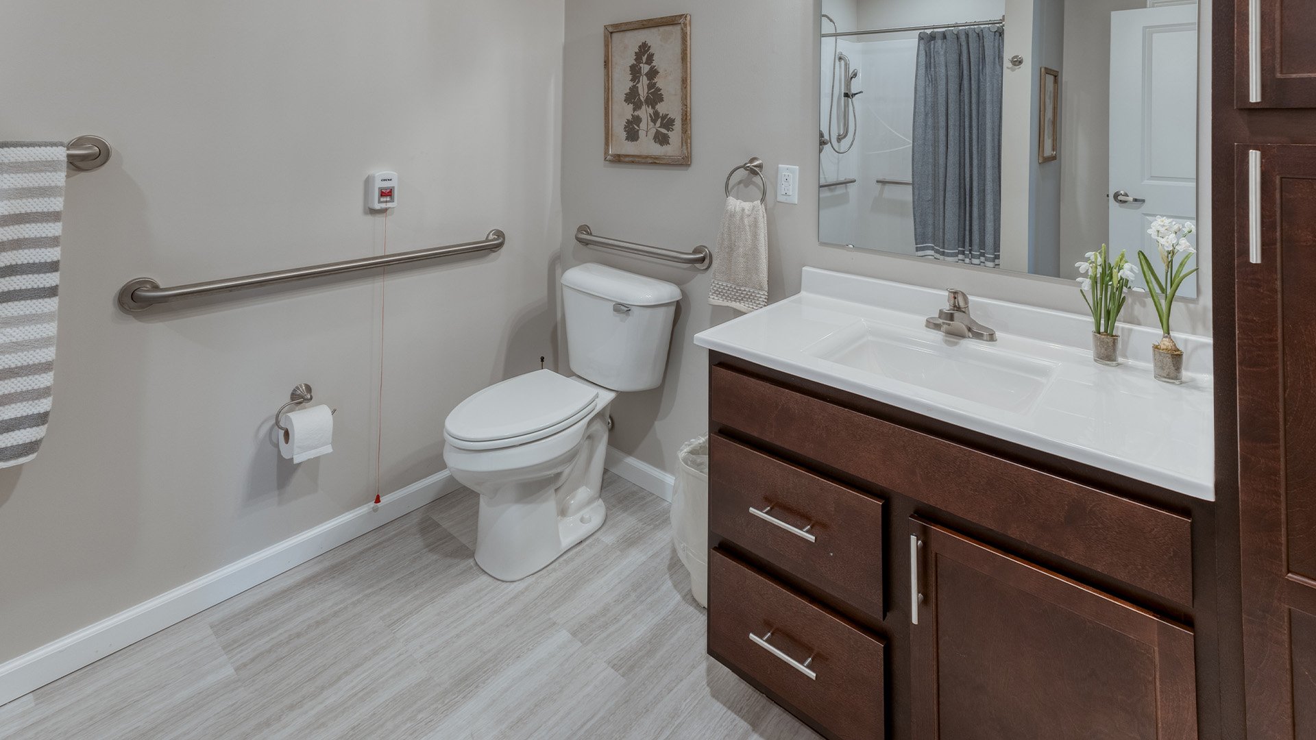 Bathroom of a senior apartment at Cedarhurst of Lebanon, built with accessibility features to support residents.