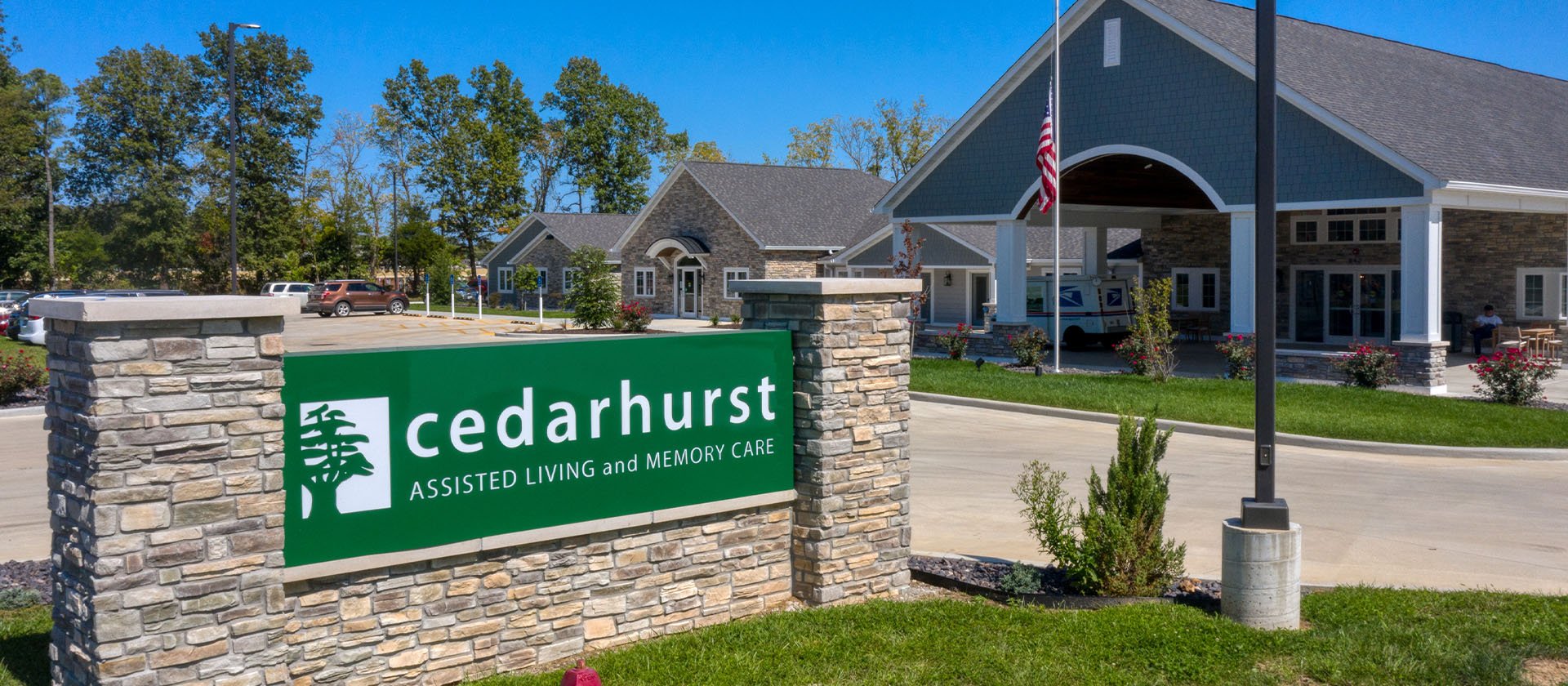 The welcoming front exterior of Cedarhurst of Lebanon senior living community.