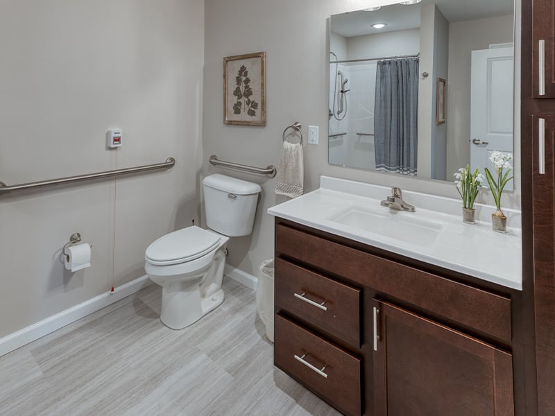 Bathroom of a senior apartment at Cedarhurst of Lebanon, built with accessibility features to support residents.