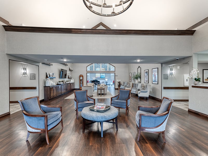 The bright and accessible main lobby at Cedarhurst of Lebanon, offering a warm first impression to the senior living community.