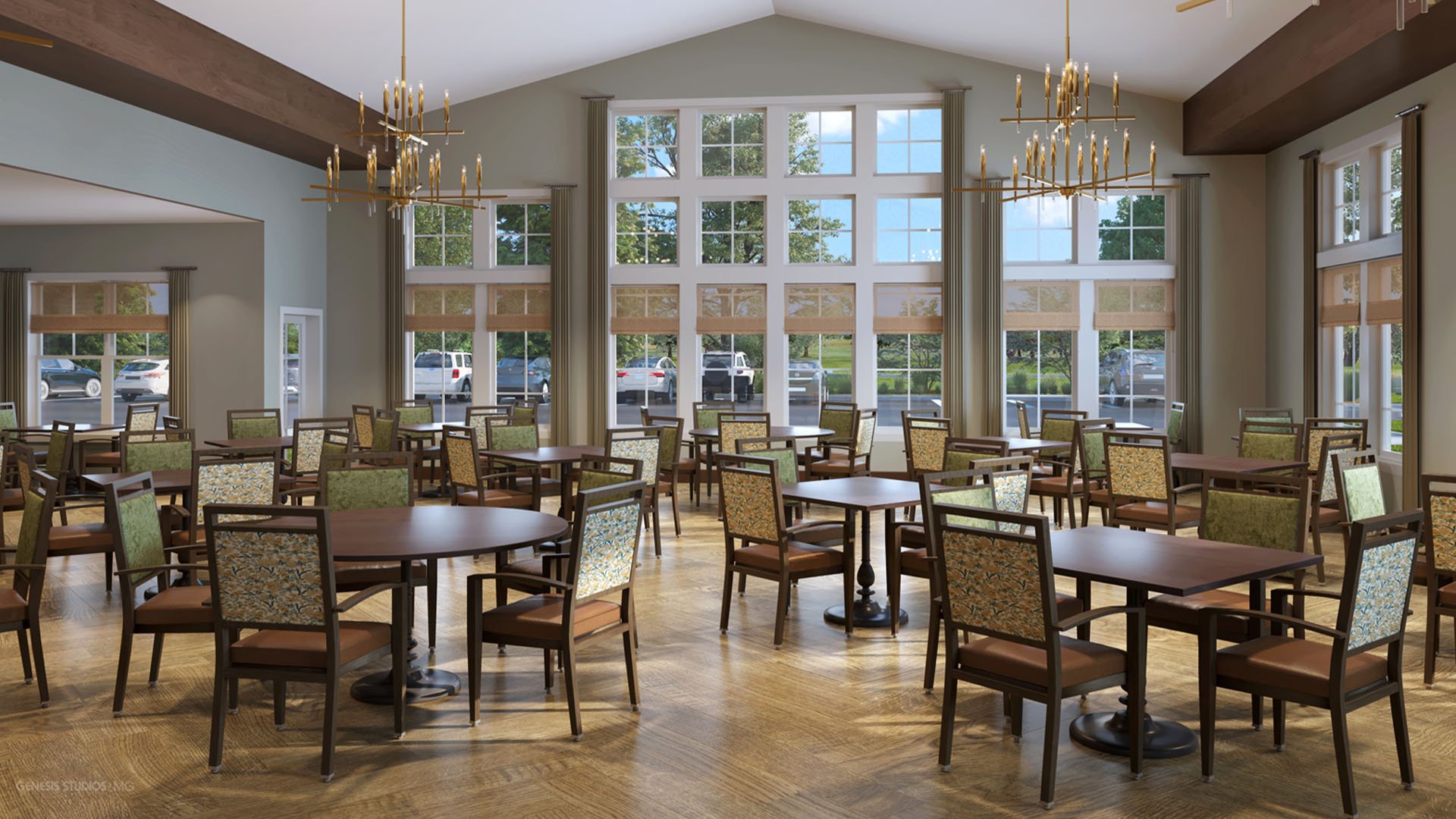 A spacious and bright dining room at Cedarhurst of Lincoln, offering comfortable seating for meals